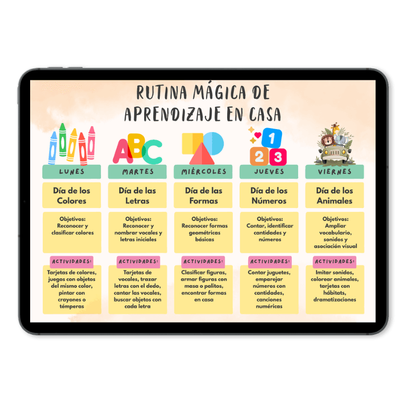 Rutina mágica de aprendizaje en casa mostrada en una tablet, con un plan por día de lunes a viernes
